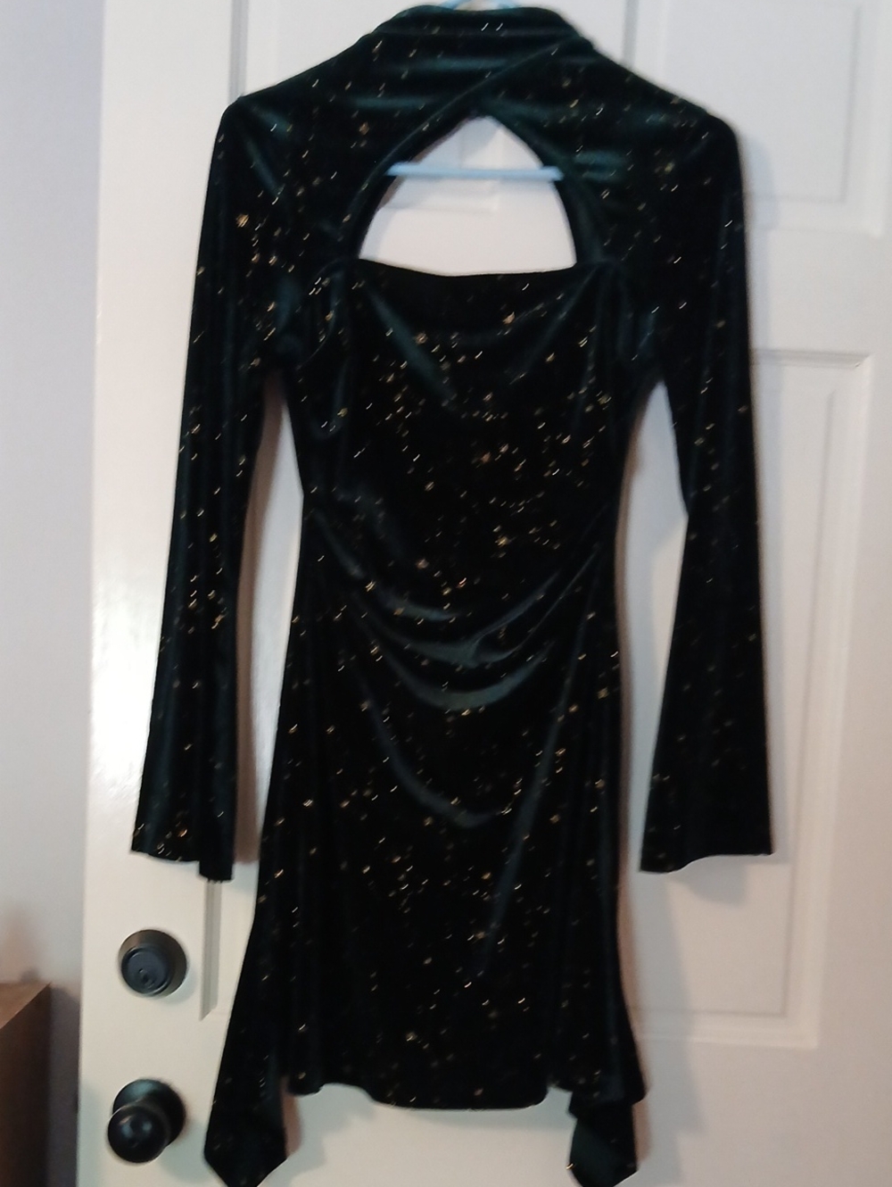 Dark Green Velvet Long-Sleeve Dress with Gold Celestrial Sparkle Pattern